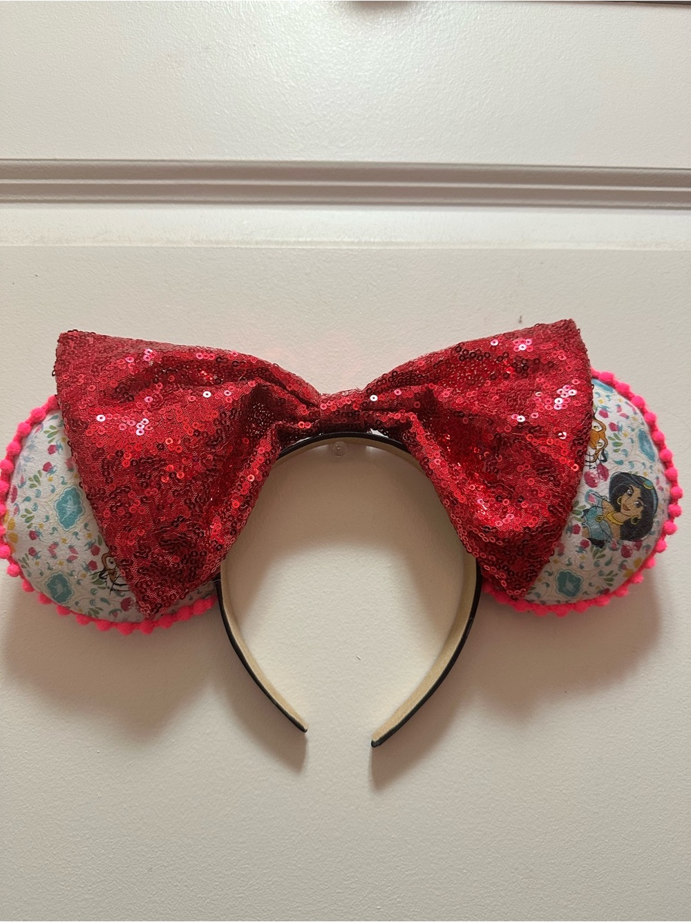 Pink Sequin Bow Headband with Character Ears Jasmine Aladdin Mouse Ears Handmade